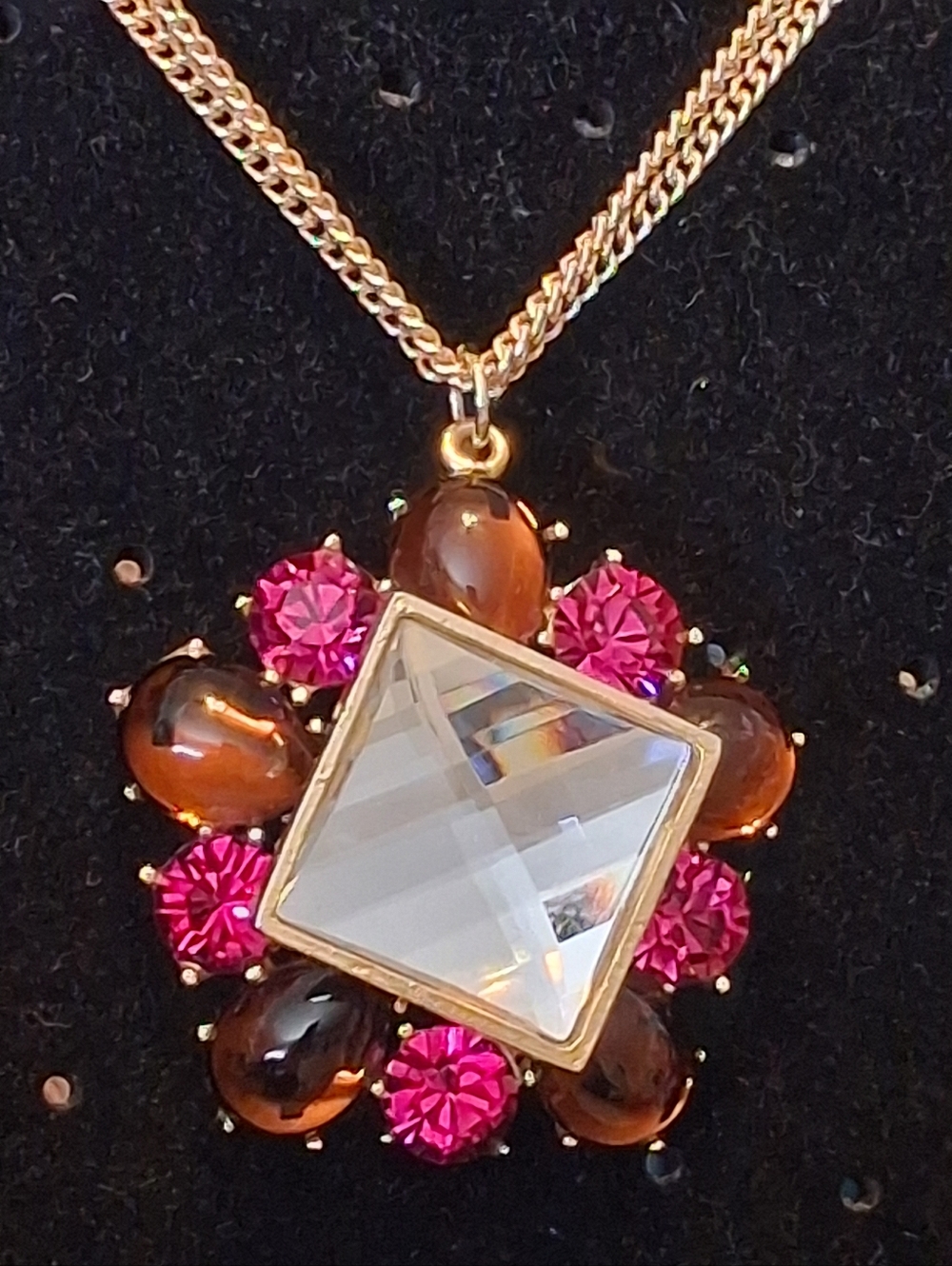 Rachel Leigh Gold-Tone Pink and Brown Rhinestone Pendant Necklace